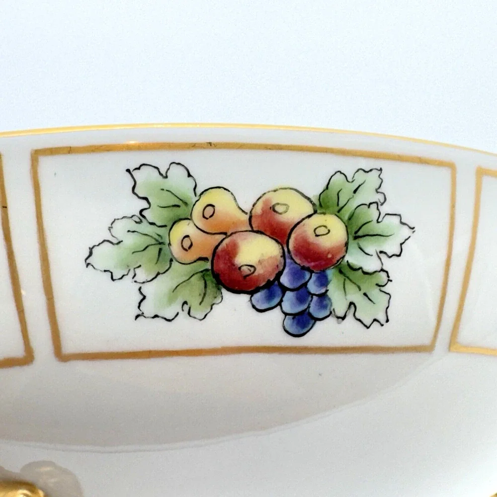 Antique T&V Limoges France Footed Bowl Hand Painted Fruit Grapes Gold Gilt 7.5